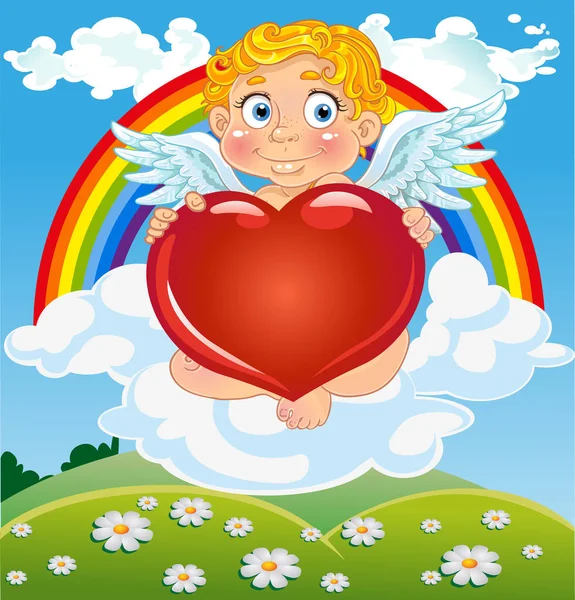 Linda Caricatura Cupido Con Corazón Rojo Nube Cerca Del Arco — Vector de stock