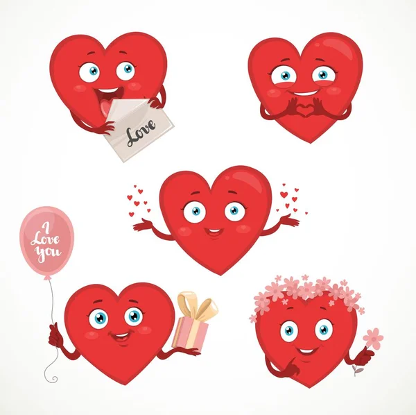 Set Van Leuke Cartoon Liefde Valentijn Harten Geïsoleerd Witte Achtergrond — Stockvector