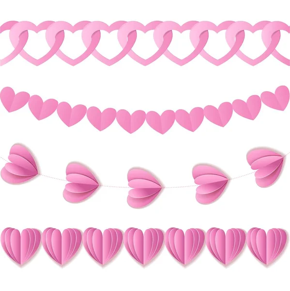 ハートからピンクのシームレスな紙のガーランド白い背景に隔離されたバレンタイン — ストックベクタ