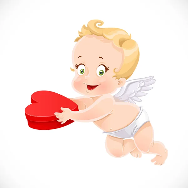 Cupido Bonito Segurando Uma Caixa Com Presente Forma Coração — Vetor de Stock