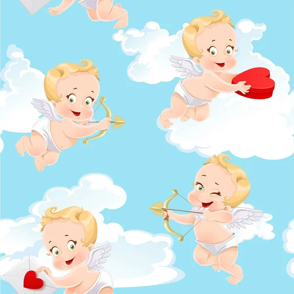 Cute Little Cupids Gifts Hands Shoots Bow Blue Sky Clouds — Stock Vector