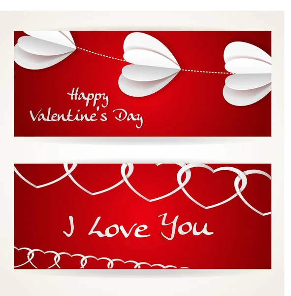 Beyaz Kağıt Kalpli Iki Yatay Kırmızı Pankart Sevgililer Günü — Stok Vektör