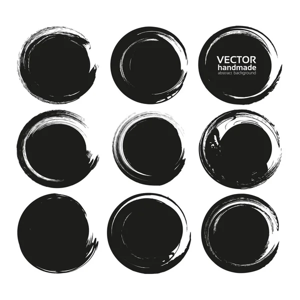 Set Black Circle Abstract Textured Smears Isolated White Background — Stock Vector