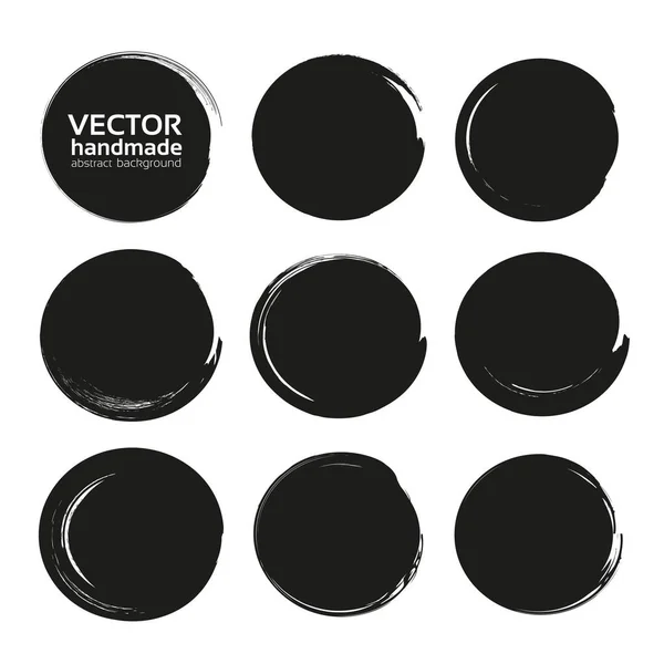 Black Abstract Circles Set Thick Black Textured Paint Smears Isolated — Stock Vector