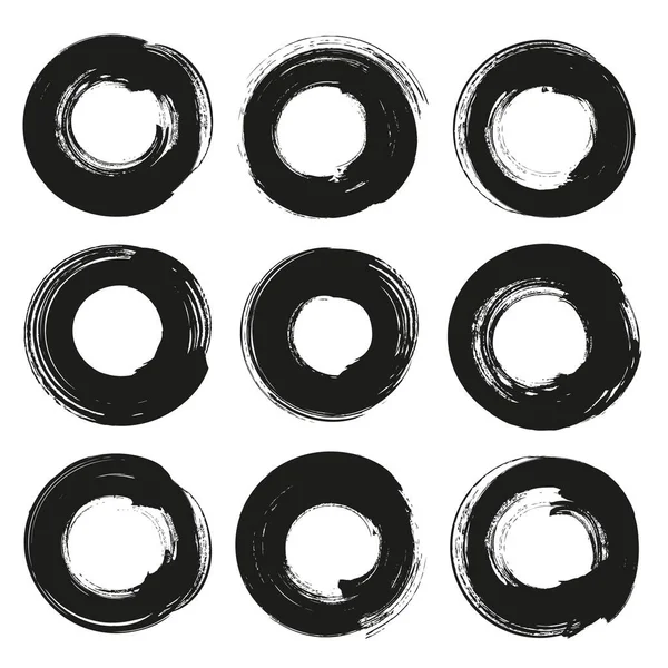 Circle Abstract Frames Thick Black Textured Paint Smears Isolated White — Stock Vector