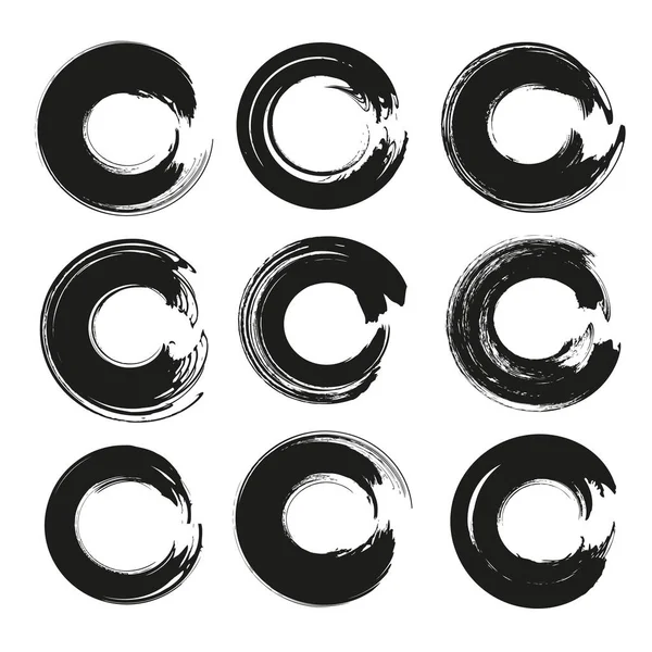 Circle Frames Thick Black Textured Paint Smears Isolated White Background — Stock Vector