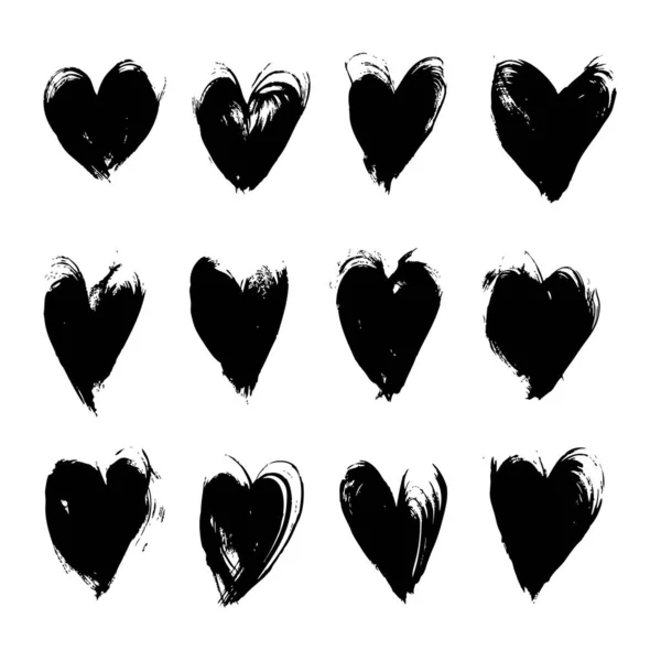 Black Textured Smears Heart Shapes Big Set Vector Objects Isolated — Stock Vector