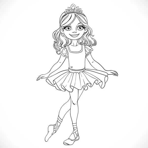 Beautiful Little Brunette Ballerina Girl Tiara Stand White Background Outlined — Stock Vector