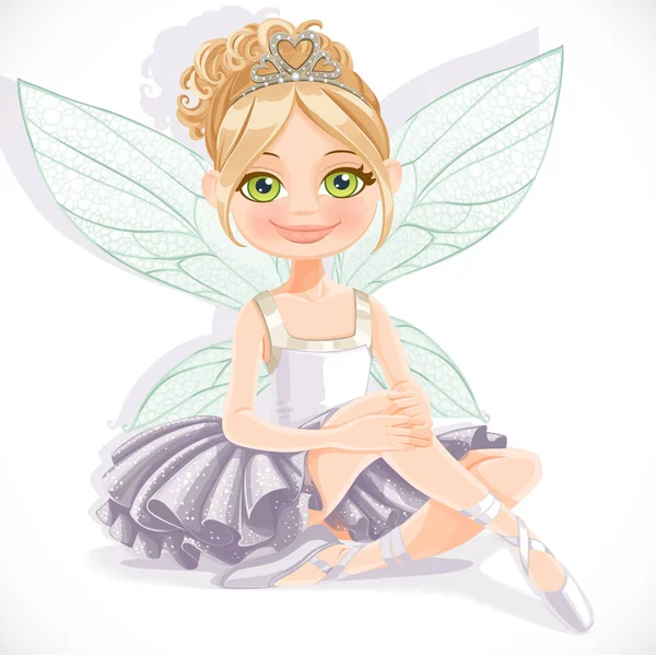 Fairy Girl White Dress Sit Floor Isolated White Background — Stock Vector