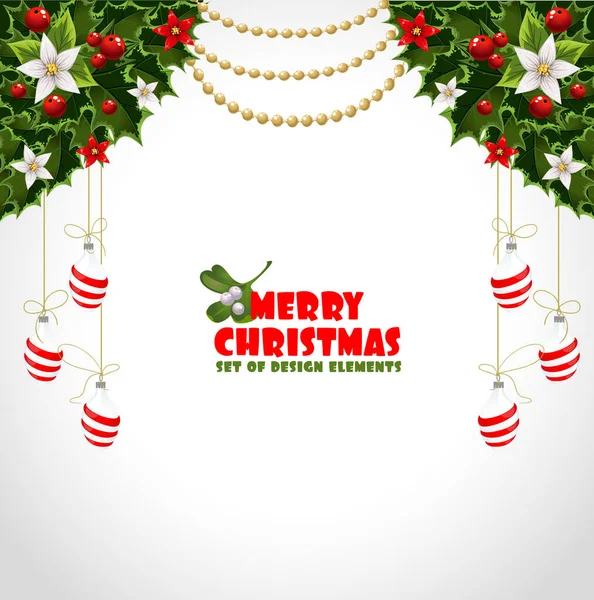 Fondo Decorativo Con Acebo Bayas Feliz Navidad — Vector de stock