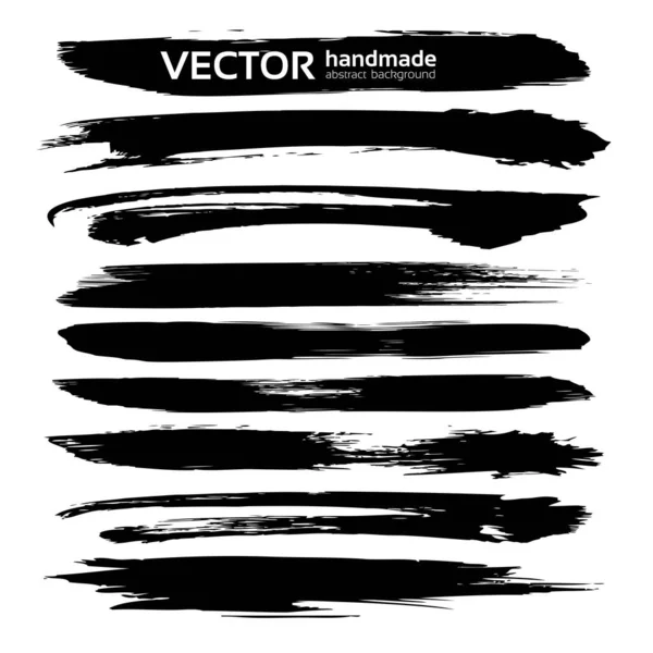 Black Long Thick Textured Strokes Set Isolated White Background — Stock Vector