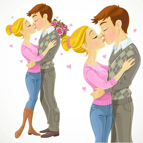 Молодая Пара Поцелуи Изолированы Белом Фоне — стоковый вектор