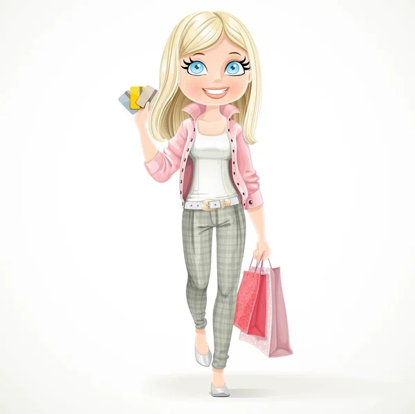 Cute Blond Shopaholic Girl Goes Paper Bags Isolated White Background — Stock Vector