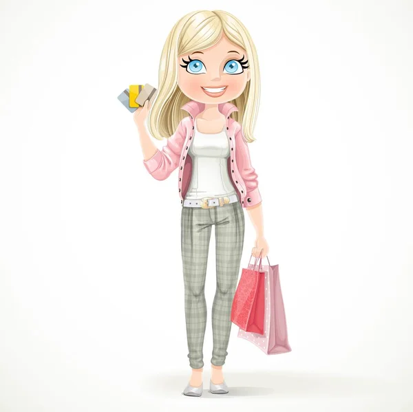 Jolie Fille Blonde Shopaholic Avec Des Sacs Papier Des Cartes — Image vectorielle