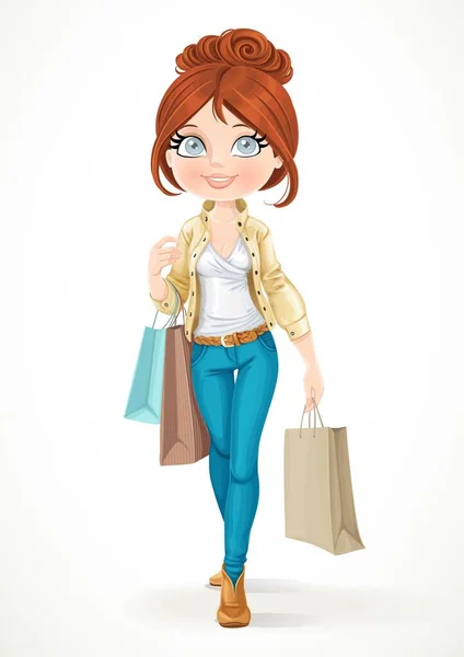 Shopaholic Brunette Girl Goes Paper Bags Isolated White Background — Stock Vector