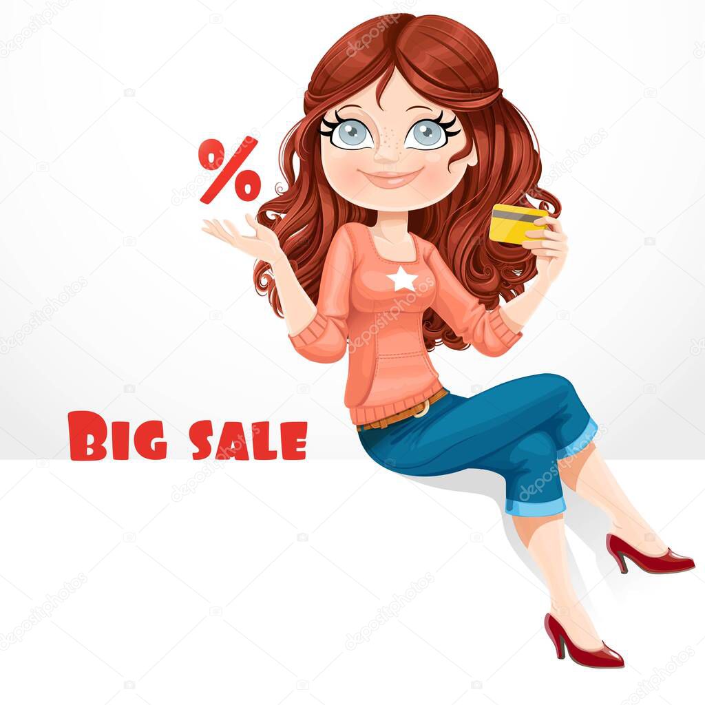 Beautiful girl with a credit card show the percent symbol and talks about big sales sitting on white banner