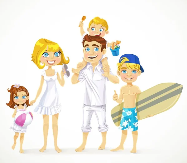 女儿和未成年儿子的幸福家庭 他们的冲浪板与白人背景隔离在一起 — 图库矢量图片