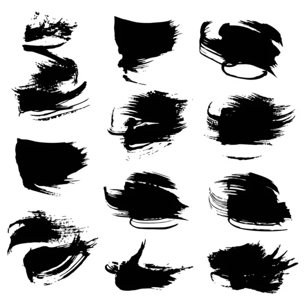 Abstract Black Textured Strokes Set Isolated White Background — Stock Vector