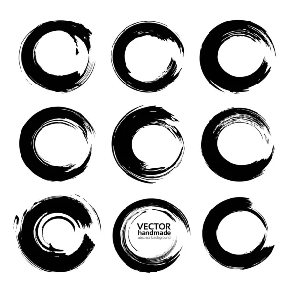 Abstract Circle Textured Ink Strokes Set Isolated White Background — Stock Vector