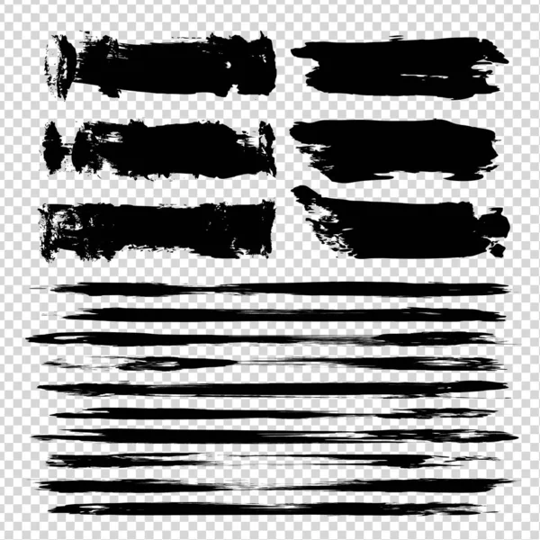 抽象的な黒インクの大きなセットは 模倣透明背景に隔離された薄く厚いテクスチャストローク — ストックベクタ