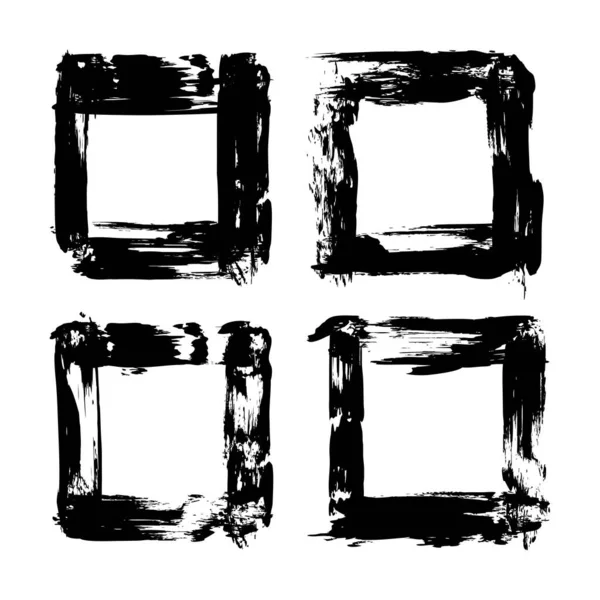 Four Frames Abstract Textured Brush Strokes Black Paint Isolated White — Stock Vector