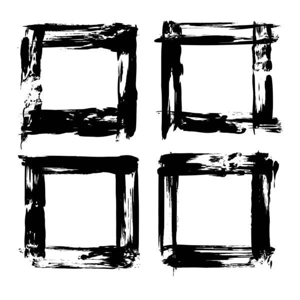 Vier Frames Van Getextureerde Penseelstreken Zwarte Verf Geïsoleerd Een Witte — Stockvector