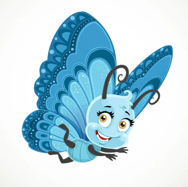 Linda Mariposa Con Alas Azules Vuelan Sobre Fondo Blanco — Vector de stock