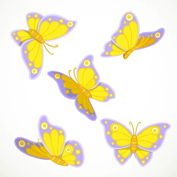 Papillons Printemps Jaune Violet Flottent Sur Fond Blanc — Image vectorielle