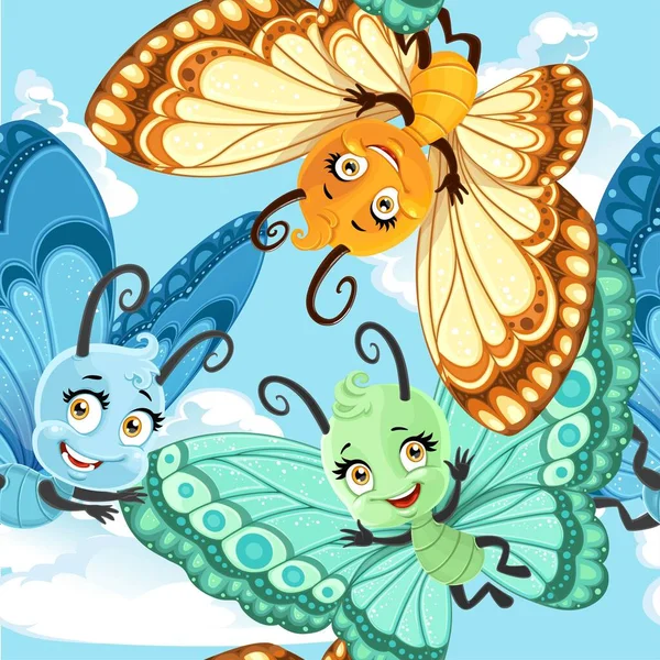 Seamless Patterm Cute Little Butterfly Blue Sky Background — Stock Vector