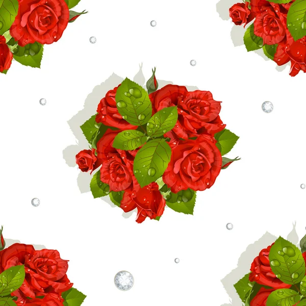 Modello Senza Cuciture Romantico Bouquet Rose Rosse Diamanti — Vettoriale Stock