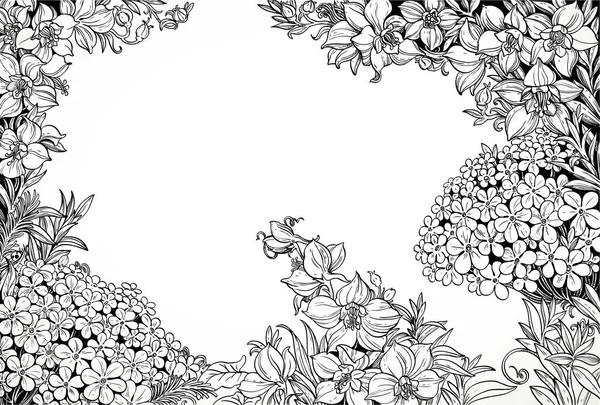 Dessin Graphique Noir Blanc Fleurs Sauvages Magiques Champ Pour Texte — Image vectorielle