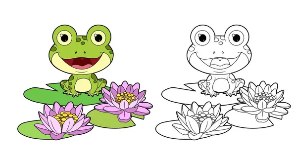 可爱的青蛙坐在百合花叶上 为着色勾画出线形图 — 图库矢量图片