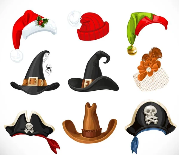 Sammlung Von Hüten Für Eine Festliche Maskerade Halloween Neujahr Karnevalsobjekte — Stockvektor