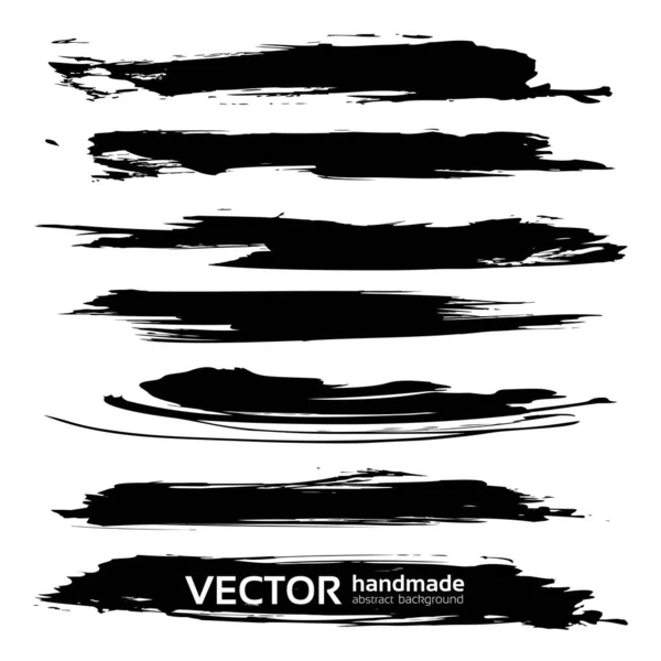 Conjunto Frotis Largos Texturizados Abstractos Negros Aislados Sobre Fondo Blanco — Vector de stock