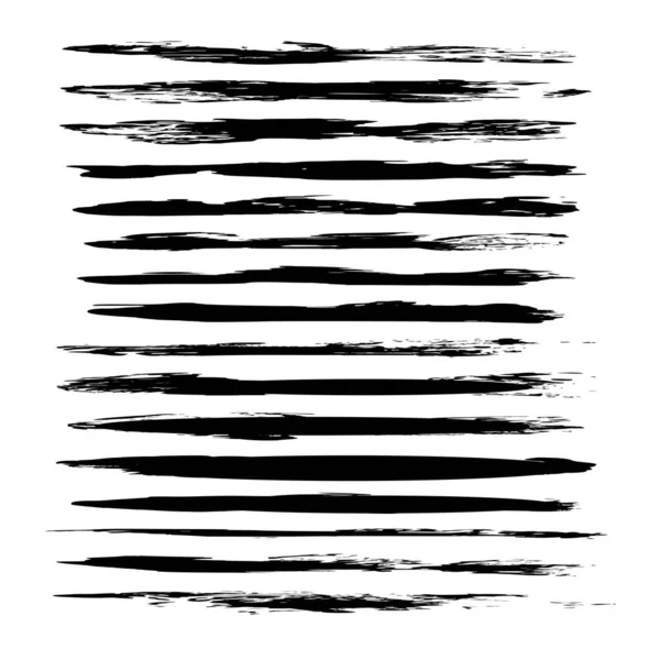 Black Long Thin Abstract Textured Smears Set Isolated White Background — Stock Vector