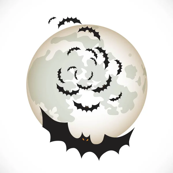 白で隔絶された満月の背景に旋回するコウモリの群れ — ストックベクタ
