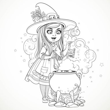 Cute little girl dressed as a witch throwing frog in the cauldron outline for coloring isolated on white background clipart
