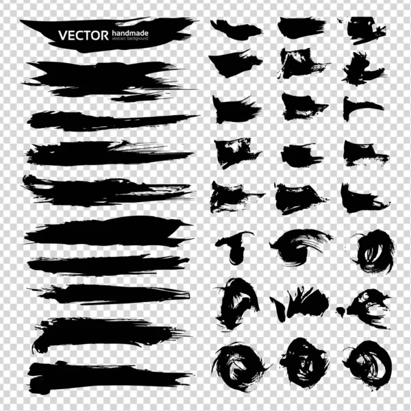 Big Set Black Textured Smooth Curly Strokes Isolated Imitation Transparent — Stock Vector
