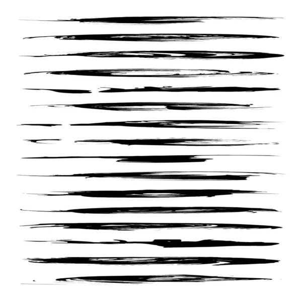 Black Abstract Long Thin Textured Smears Set Isolated White Background — Stock Vector