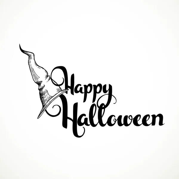 Happy Halloween Handgemaakte Inscriptie Teken Heks Hoed — Stockvector