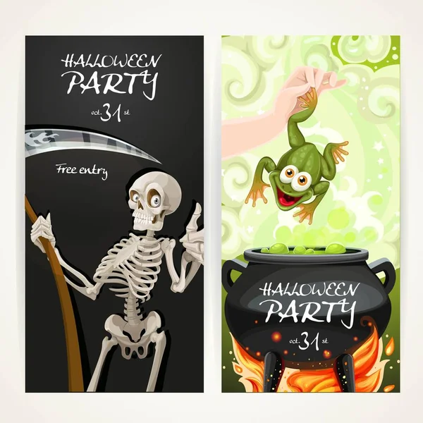 Vertical Banners Halloween Party Death Scythe Arm Throwing Toad Magic — Stock Vector