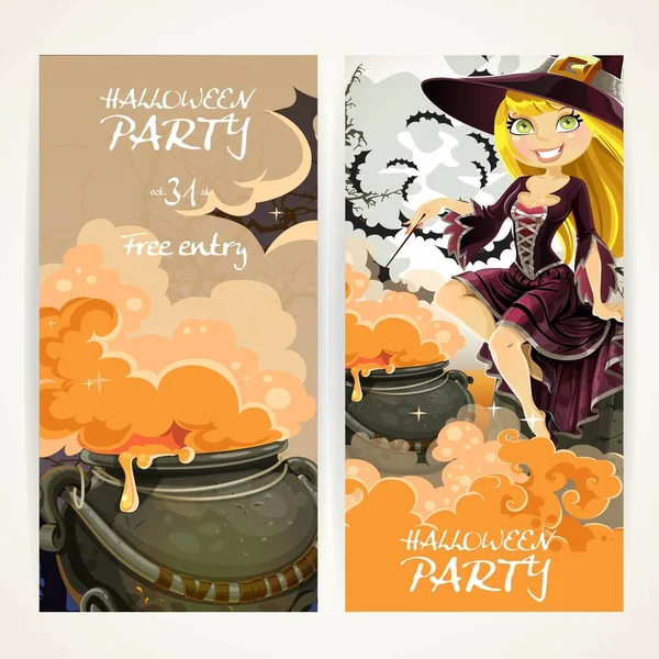 Vertikale Banner Für Halloween Party Mit Hexe Und Hexenkessel — Stockvektor