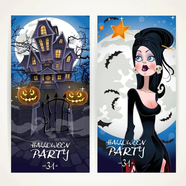 Vertical Banners Halloween Party Witch Her Home Full Moon Background — Stock Vector