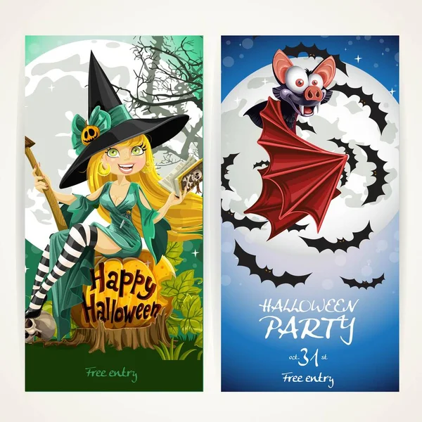 Verticale Banners Voor Halloween Feest Met Heks Zitten Pompoen Vleermuis — Stockvector