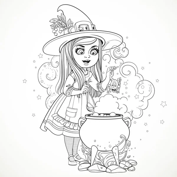 Cute Little Girl Dressed Witch Throwing Frog Cauldron Outline Coloring — Stock Vector