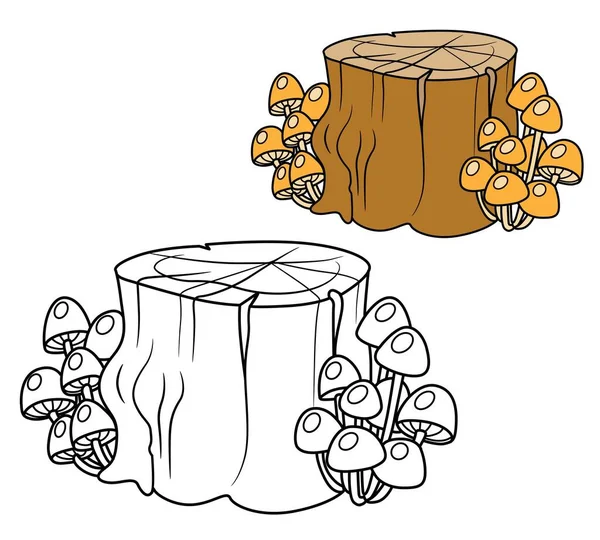 Rotte Stomp Overgroeid Met Paddenstoelen Paddestoelen Paddestoelen Kleur Geschetst Voor — Stockvector