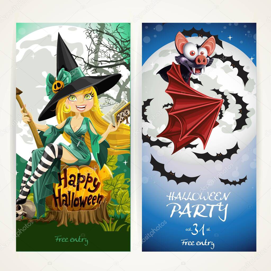 Vertical banners for Halloween party with witch sit on pumpkin and bat fly on full moon background