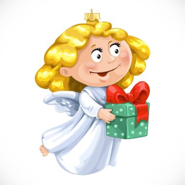 Noel ağacı süslemeleri, beyaz arka planda yalnız bırakılmış, hediyeli küçük bir melek.