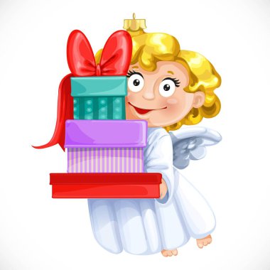 Noel ağacı süslemeleri beyaz arka planda izole edilmiş hediyelerle dolu kutuları olan küçük bir melek.