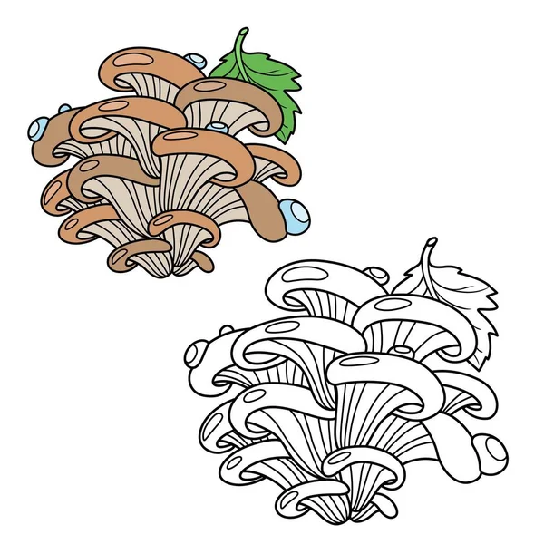 Funghi Ostrica Con Colore Foglia Verde Abbozzato Pagina Colorazione — Vettoriale Stock